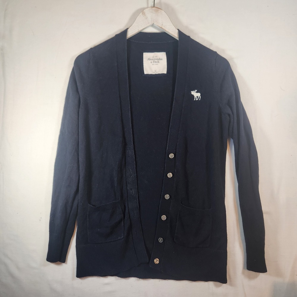 Abercrombie & Fitch Navy Blue V-Neck Button Front Cardigan Moose Logo Medium